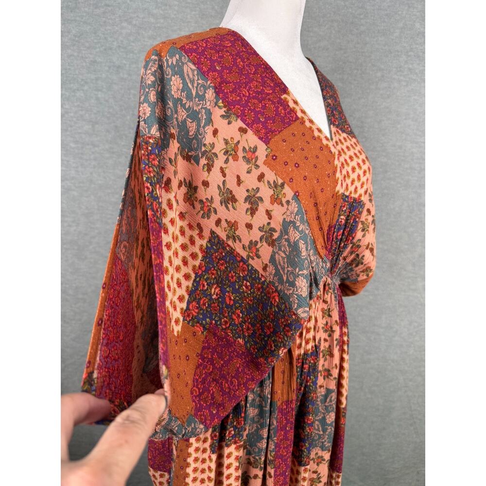 Easel Patchwork Print V-Neck Maxi Dress Ruffle Hem Kimono Sleeve Boho Flowy - Picture 7 of 12